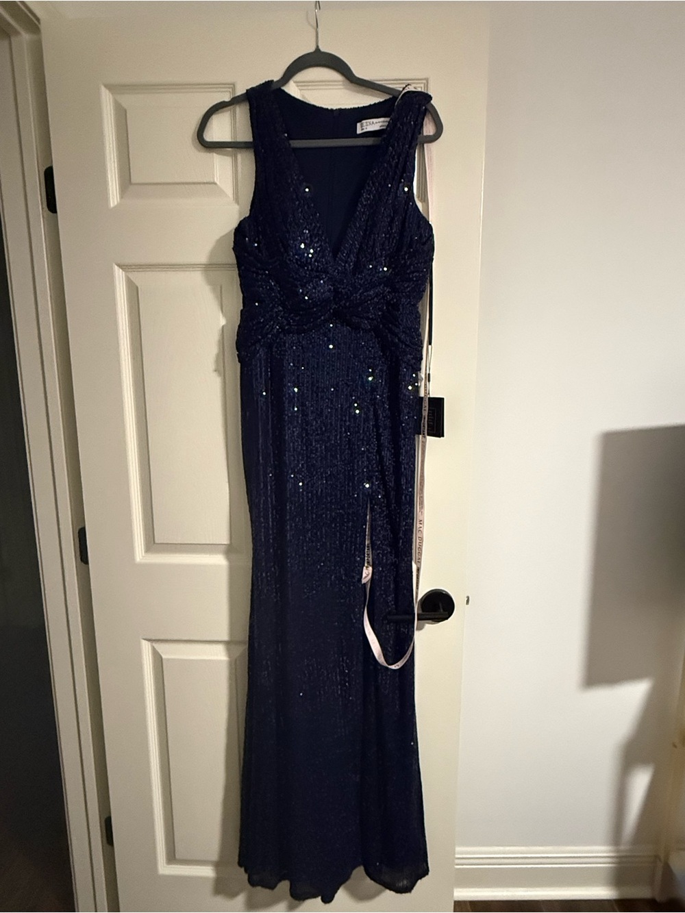 Mac Duggal Navy Sequin V-Neck Evening Gown